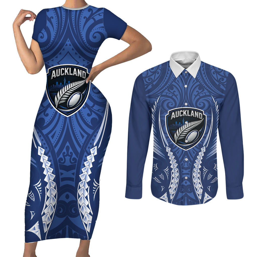 Auckland 2026 Rugby Custom Couples Matching Short Sleeve Bodycon Dress and Long Sleeve Button Shirt NZ Maori Silver Fern