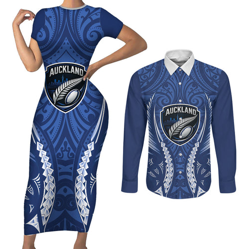 Auckland 2026 Rugby Custom Couples Matching Short Sleeve Bodycon Dress and Long Sleeve Button Shirt NZ Maori Silver Fern