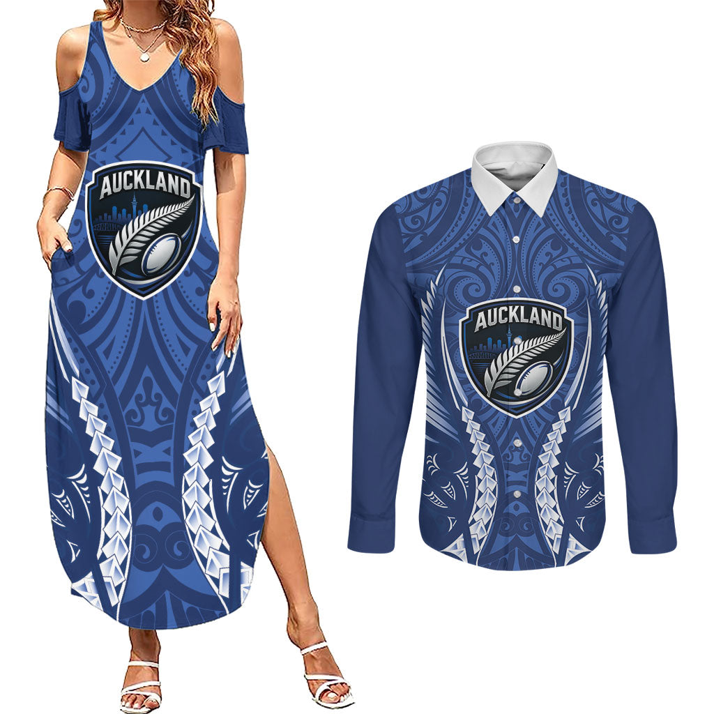 Auckland 2026 Rugby Custom Couples Matching Summer Maxi Dress and Long Sleeve Button Shirt NZ Maori Silver Fern