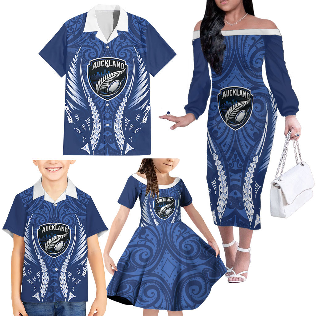 Auckland 2026 Rugby Custom Family Matching Off The Shoulder Long Sleeve Dress and Hawaiian Shirt NZ Maori Silver Fern