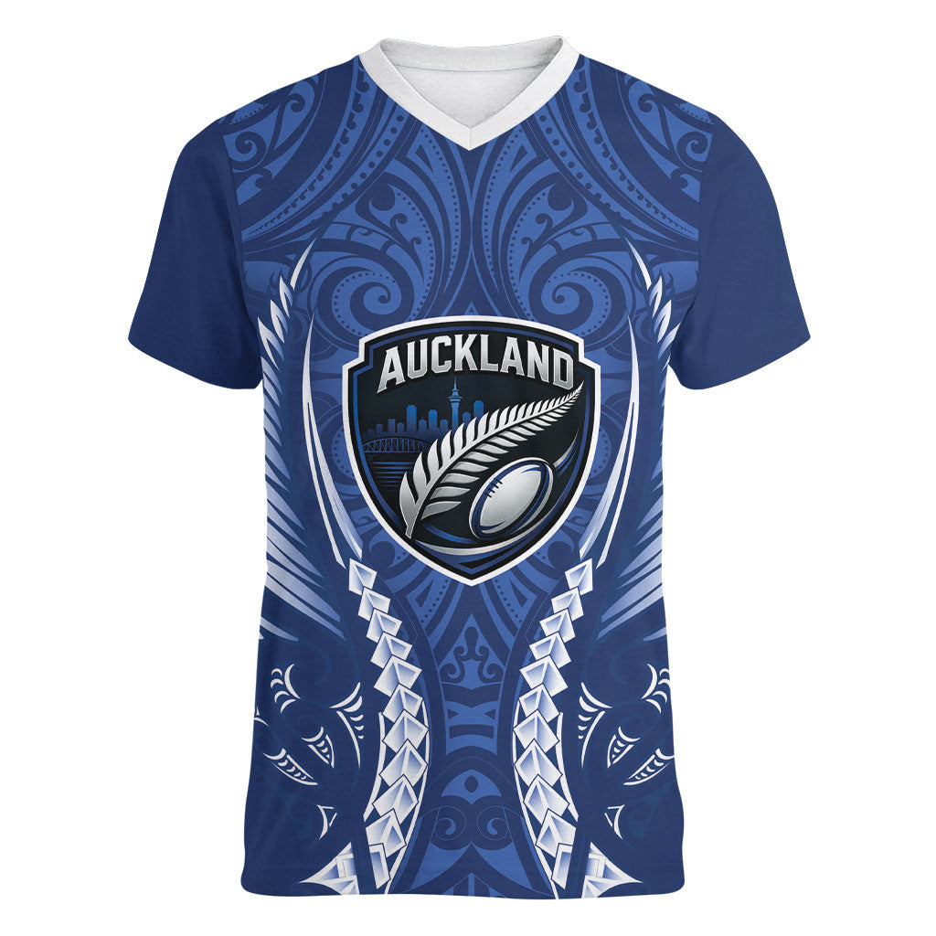 Auckland 2026 Rugby Custom Women V-Neck T-Shirt NZ Maori Silver Fern