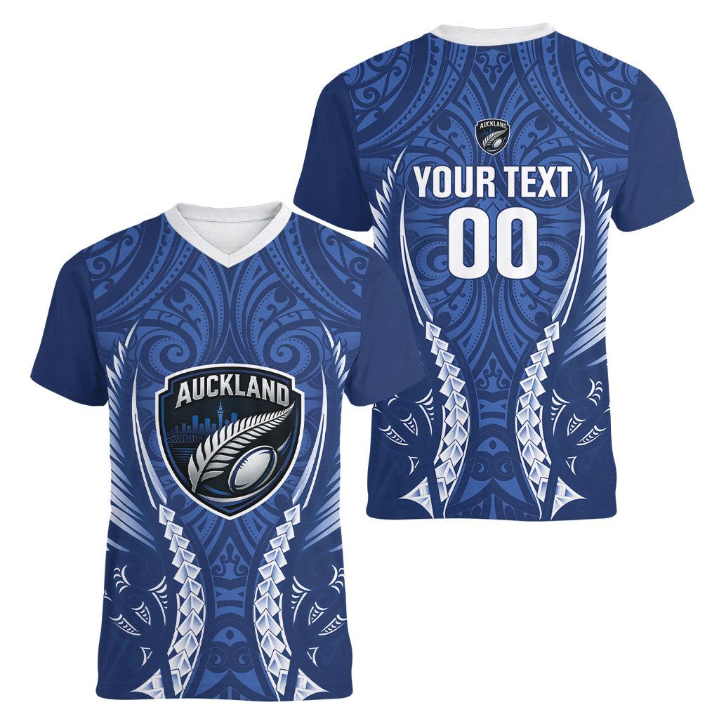 Auckland 2026 Rugby Custom Women V-Neck T-Shirt NZ Maori Silver Fern
