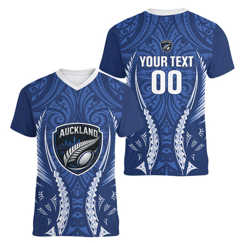 Auckland 2026 Rugby Custom Women V-Neck T-Shirt NZ Maori Silver Fern