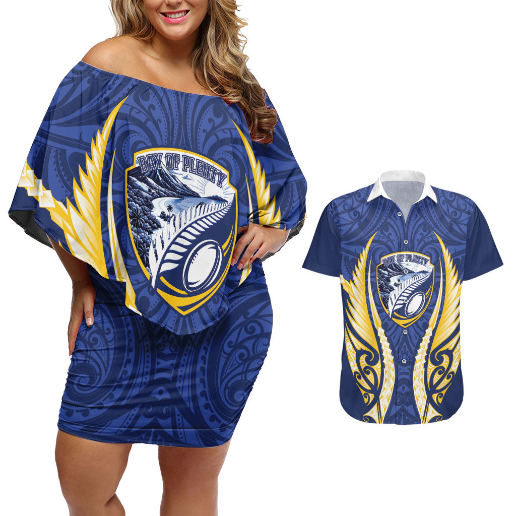 Bay of Plenty 2026 Rugby Custom Couples Matching Off Shoulder Short Dress and Hawaiian Shirt NZ Maori Silver Fern