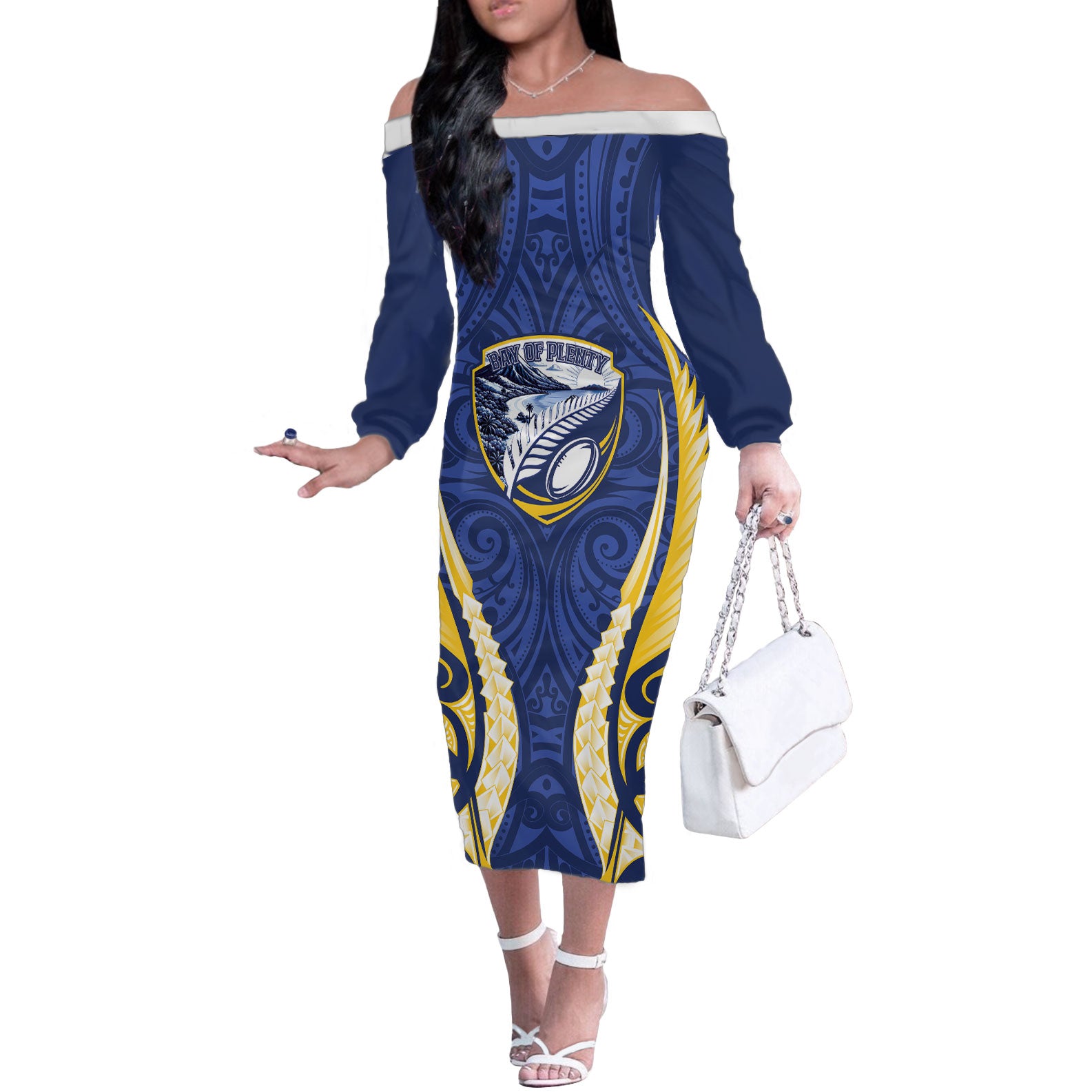 Bay of Plenty 2026 Rugby Custom Off The Shoulder Long Sleeve Dress NZ Maori Silver Fern