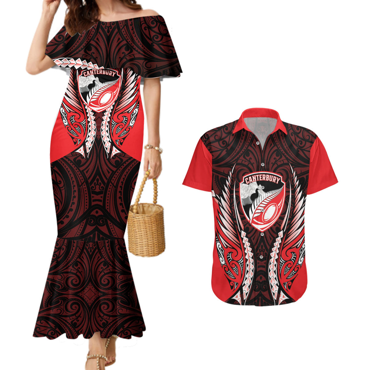 Canterbury 2026 Rugby Custom Couples Matching Mermaid Dress and Hawaiian Shirt NZ Maori Silver Fern