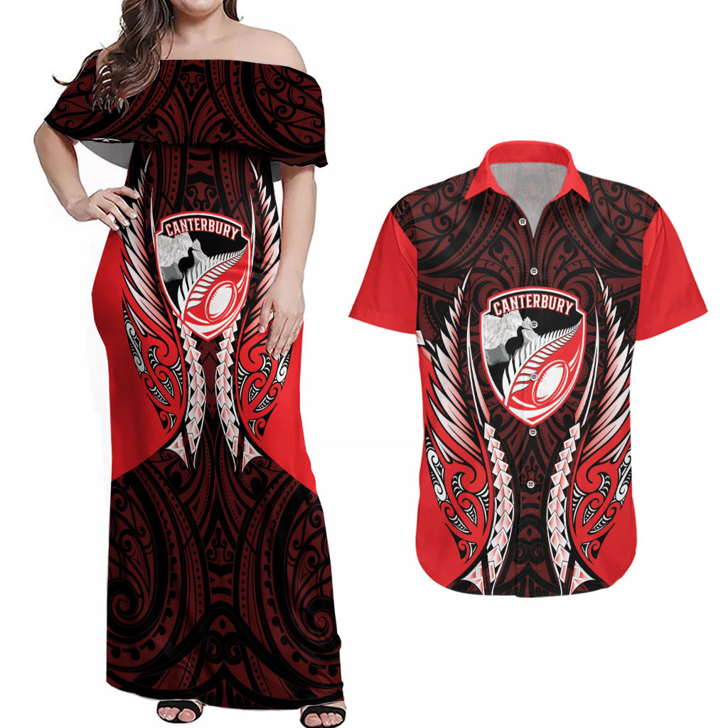 Canterbury 2026 Rugby Custom Couples Matching Off Shoulder Maxi Dress and Hawaiian Shirt NZ Maori Silver Fern