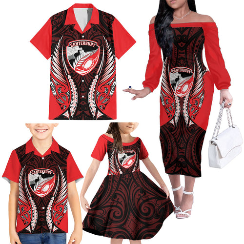 Canterbury 2026 Rugby Custom Family Matching Off The Shoulder Long Sleeve Dress and Hawaiian Shirt NZ Maori Silver Fern
