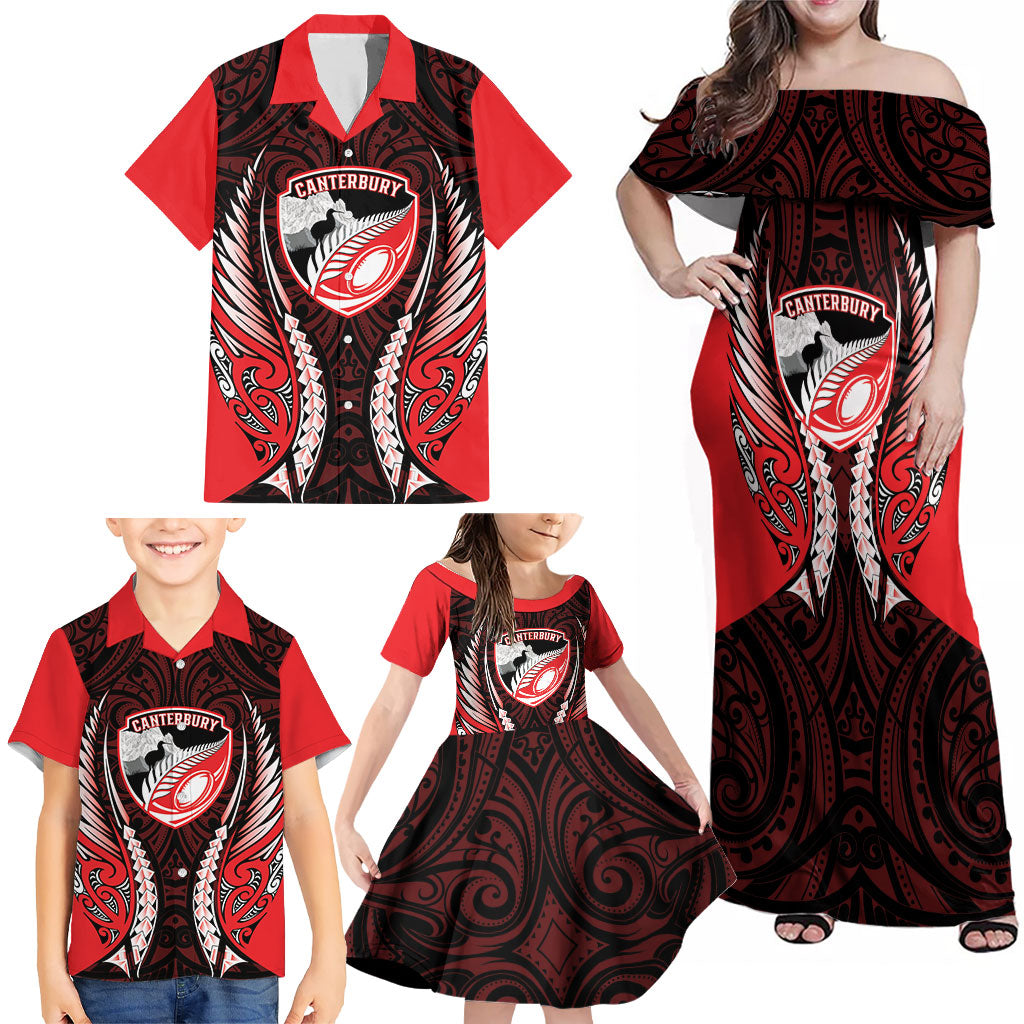 Canterbury 2026 Rugby Custom Family Matching Off Shoulder Maxi Dress and Hawaiian Shirt NZ Maori Silver Fern