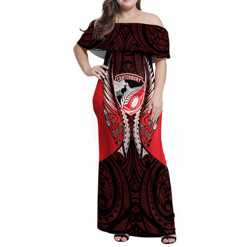 Canterbury 2026 Rugby Custom Family Matching Off Shoulder Maxi Dress and Hawaiian Shirt NZ Maori Silver Fern