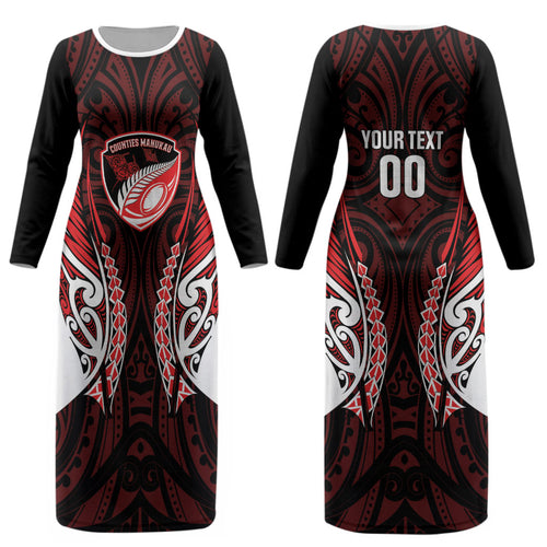 Counties Manukau 2026 Rugby Custom Couples Matching Long Sleeve Bodycon Dress and Hawaiian Shirt NZ Maori Silver Fern LT14