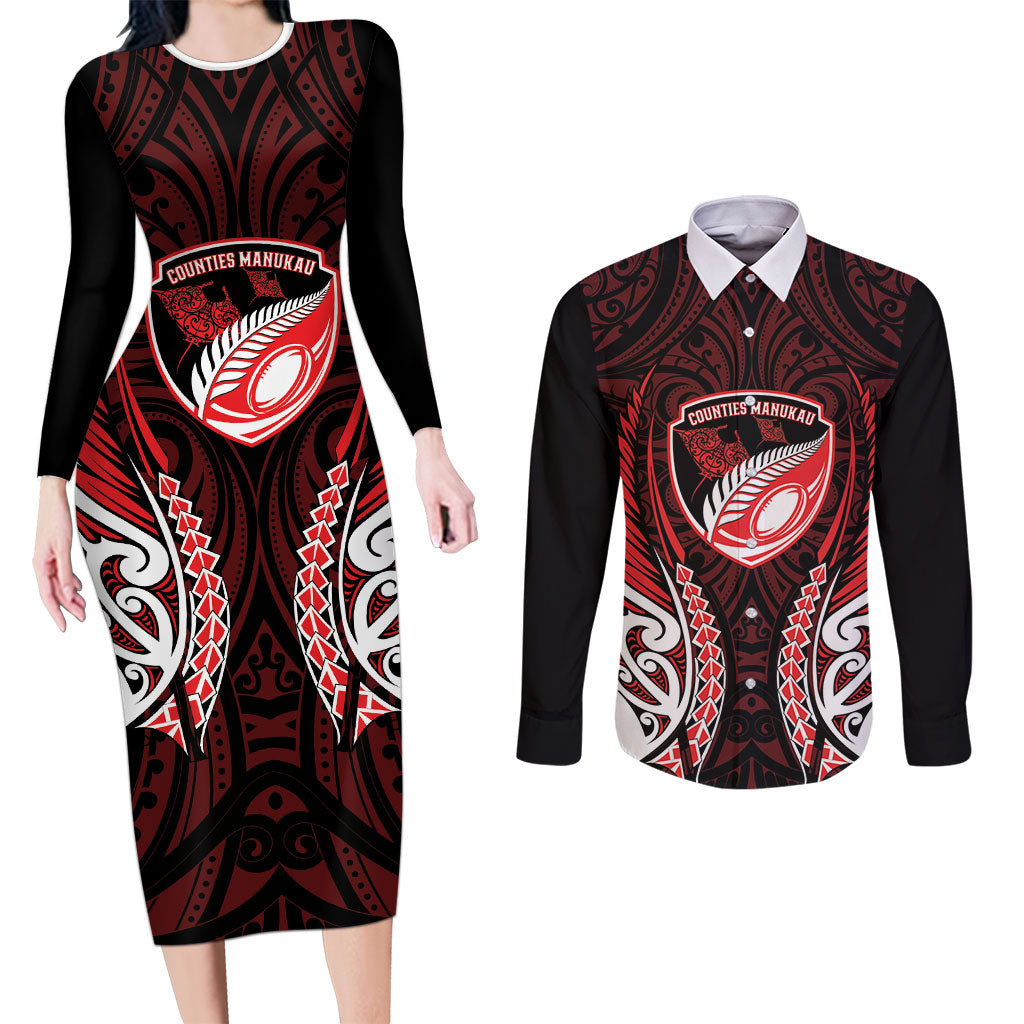 Counties Manukau 2026 Rugby Custom Couples Matching Long Sleeve Bodycon Dress and Long Sleeve Button Shirt NZ Maori Silver Fern
