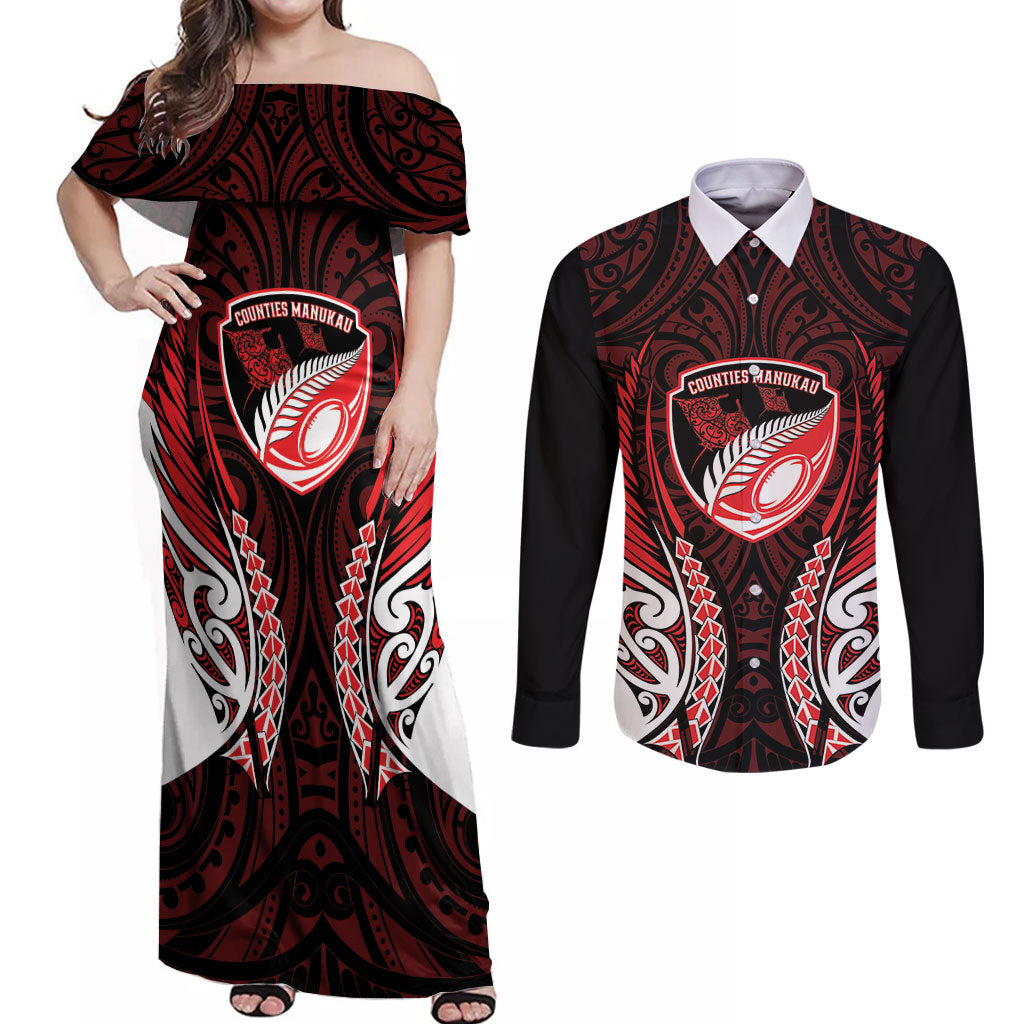 Counties Manukau 2026 Rugby Custom Couples Matching Off Shoulder Maxi Dress and Long Sleeve Button Shirt NZ Maori Silver Fern