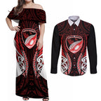 Counties Manukau 2026 Rugby Custom Couples Matching Off Shoulder Maxi Dress and Long Sleeve Button Shirt NZ Maori Silver Fern