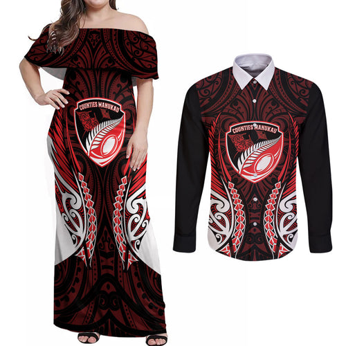 Counties Manukau 2026 Rugby Custom Couples Matching Off Shoulder Maxi Dress and Long Sleeve Button Shirt NZ Maori Silver Fern