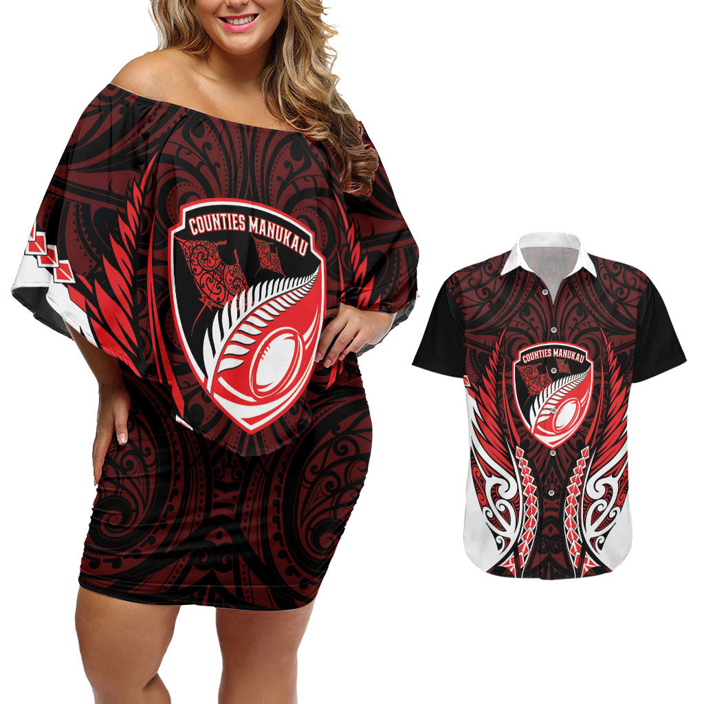 Counties Manukau 2026 Rugby Custom Couples Matching Off Shoulder Short Dress and Hawaiian Shirt NZ Maori Silver Fern