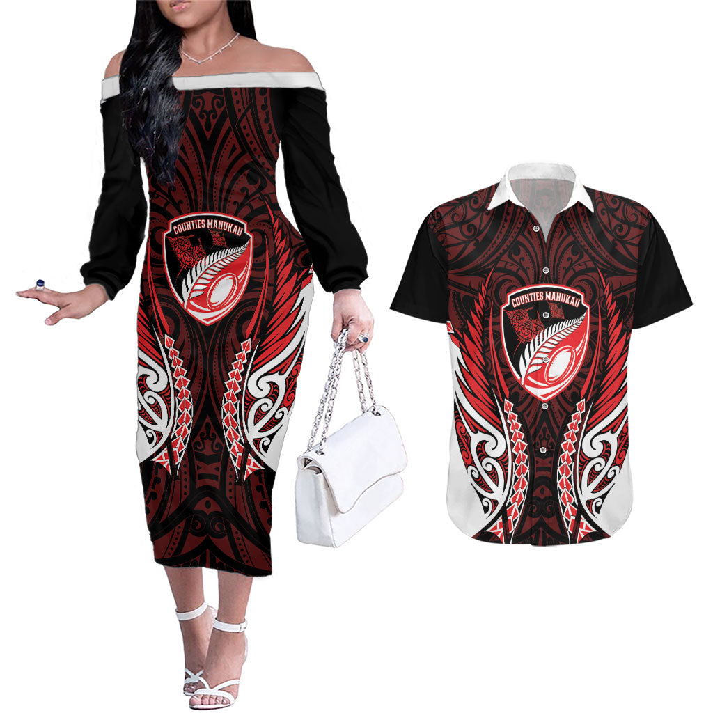 Counties Manukau 2026 Rugby Custom Couples Matching Off The Shoulder Long Sleeve Dress and Hawaiian Shirt NZ Maori Silver Fern