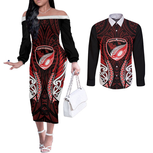 Counties Manukau 2026 Rugby Custom Couples Matching Off The Shoulder Long Sleeve Dress and Long Sleeve Button Shirt NZ Maori Silver Fern