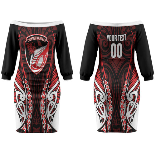 Counties Manukau 2026 Rugby Custom Couples Matching Off The Shoulder Long Sleeve Dress and Long Sleeve Button Shirt NZ Maori Silver Fern LT14