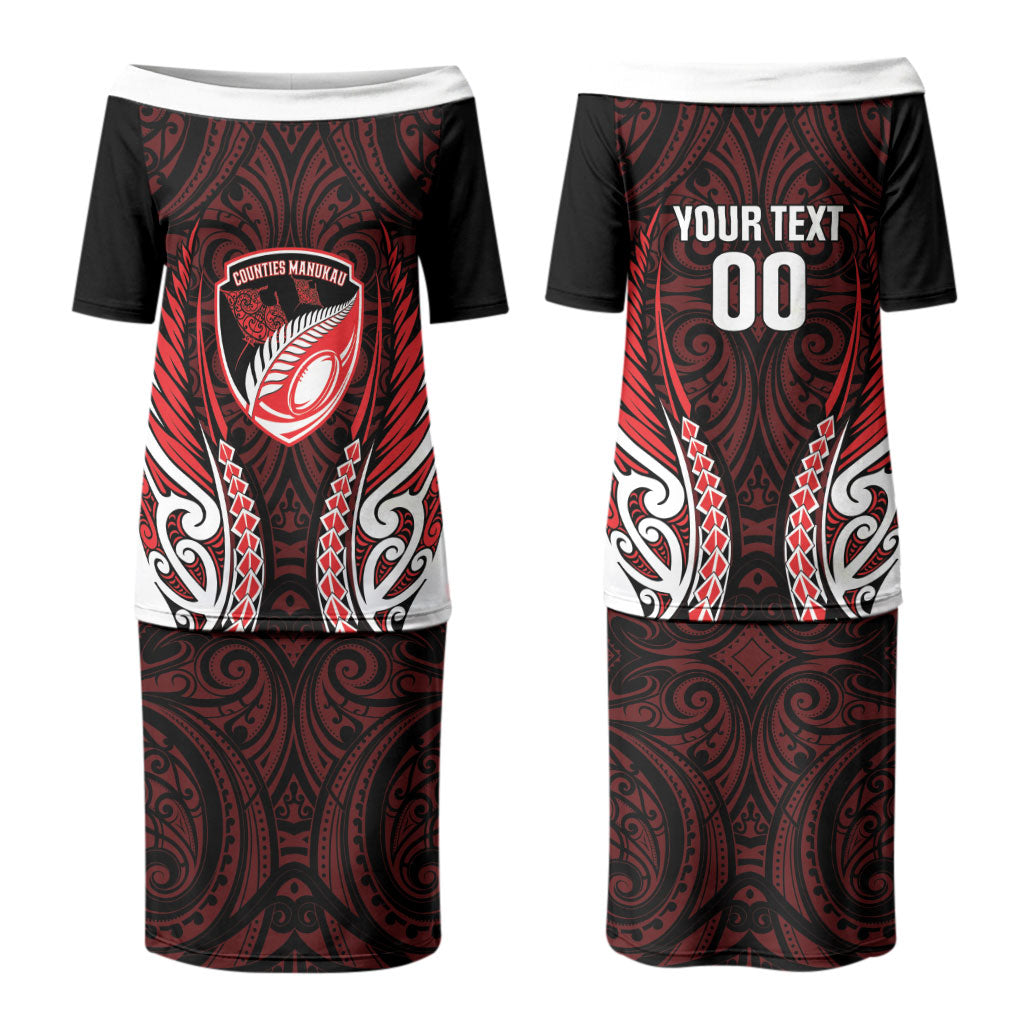 Counties Manukau 2026 Rugby Custom Couples Matching Puletasi and Long Sleeve Button Shirt NZ Maori Silver Fern LT14