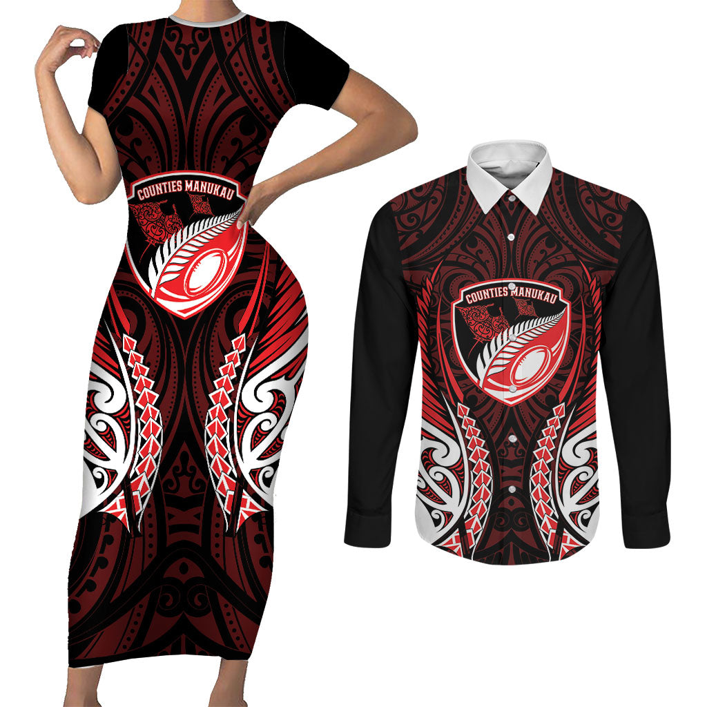 Counties Manukau 2026 Rugby Custom Couples Matching Short Sleeve Bodycon Dress and Long Sleeve Button Shirt NZ Maori Silver Fern