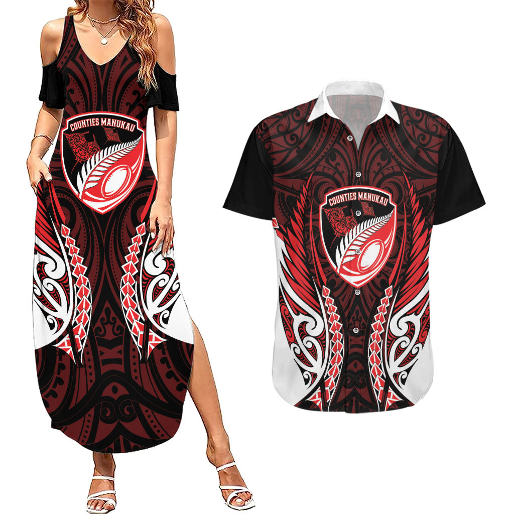 Counties Manukau 2026 Rugby Custom Couples Matching Summer Maxi Dress and Hawaiian Shirt NZ Maori Silver Fern