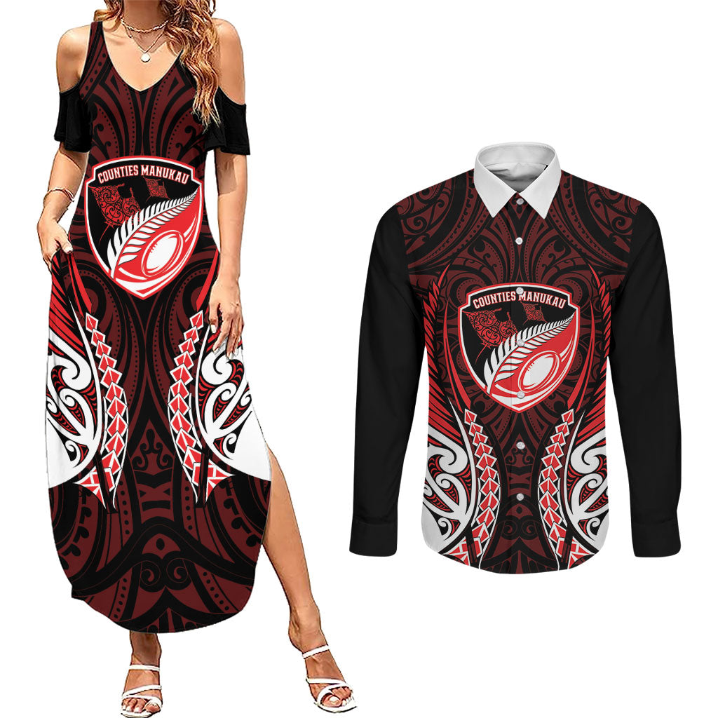 Counties Manukau 2026 Rugby Custom Couples Matching Summer Maxi Dress and Long Sleeve Button Shirt NZ Maori Silver Fern
