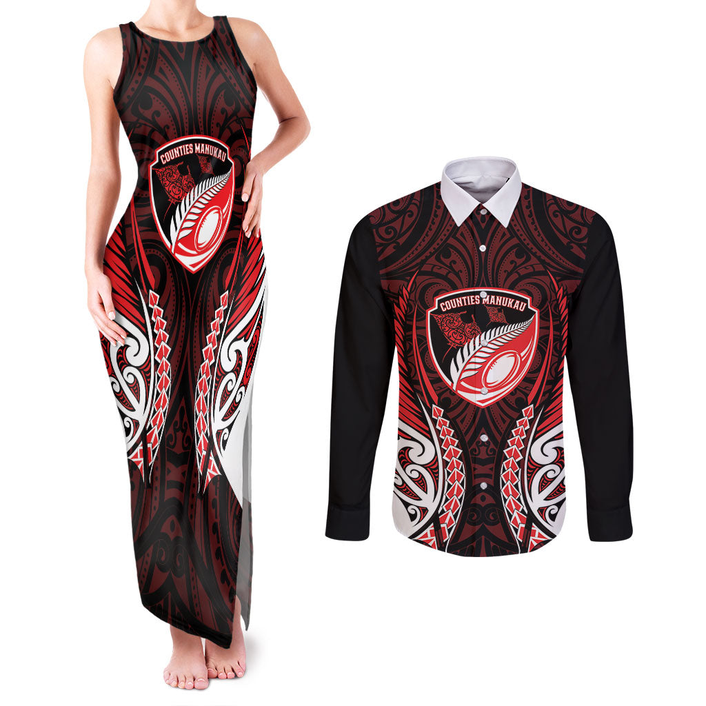 Counties Manukau 2026 Rugby Custom Couples Matching Tank Maxi Dress and Long Sleeve Button Shirt NZ Maori Silver Fern
