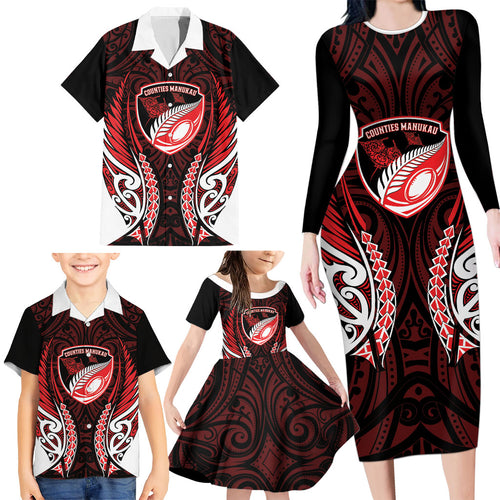 Counties Manukau 2026 Rugby Custom Family Matching Long Sleeve Bodycon Dress and Hawaiian Shirt NZ Maori Silver Fern