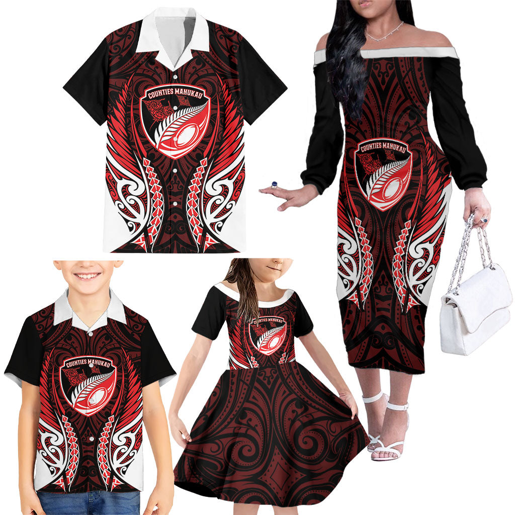 Counties Manukau 2026 Rugby Custom Family Matching Off The Shoulder Long Sleeve Dress and Hawaiian Shirt NZ Maori Silver Fern