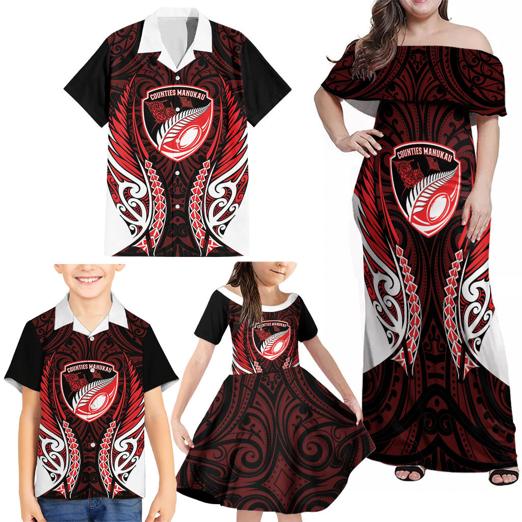 Counties Manukau 2026 Rugby Custom Family Matching Off Shoulder Maxi Dress and Hawaiian Shirt NZ Maori Silver Fern