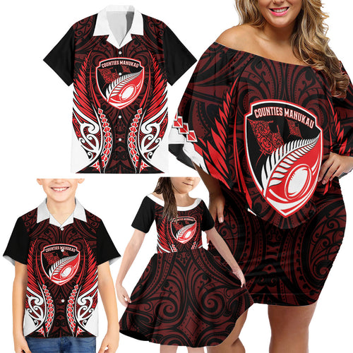 Counties Manukau 2026 Rugby Custom Family Matching Off Shoulder Short Dress and Hawaiian Shirt NZ Maori Silver Fern