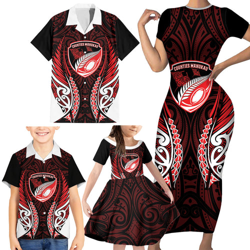 Counties Manukau 2026 Rugby Custom Family Matching Short Sleeve Bodycon Dress and Hawaiian Shirt NZ Maori Silver Fern
