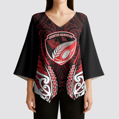 Counties Manukau 2026 Rugby Custom Kimono Sleeve Blouse NZ Maori Silver Fern