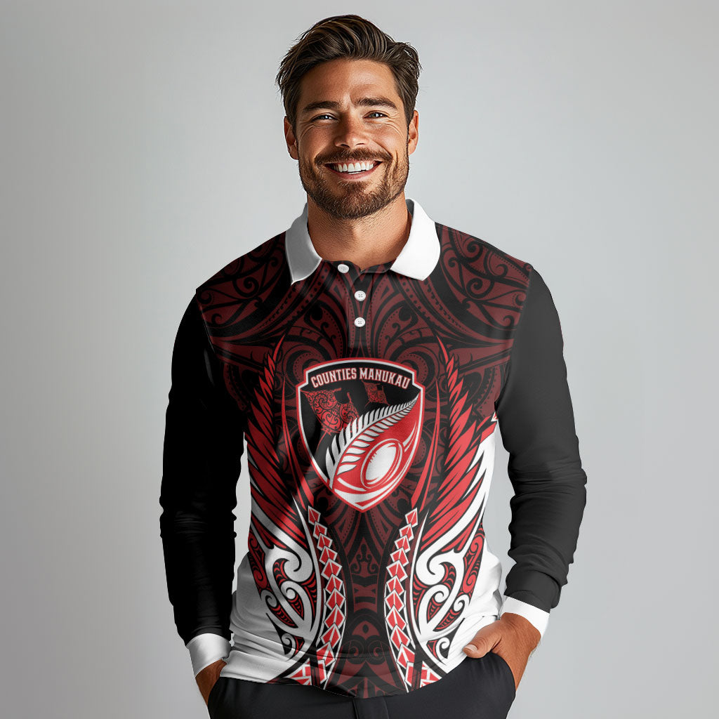 Counties Manukau 2026 Rugby Custom Long Sleeve Polo Shirt NZ Maori Silver Fern