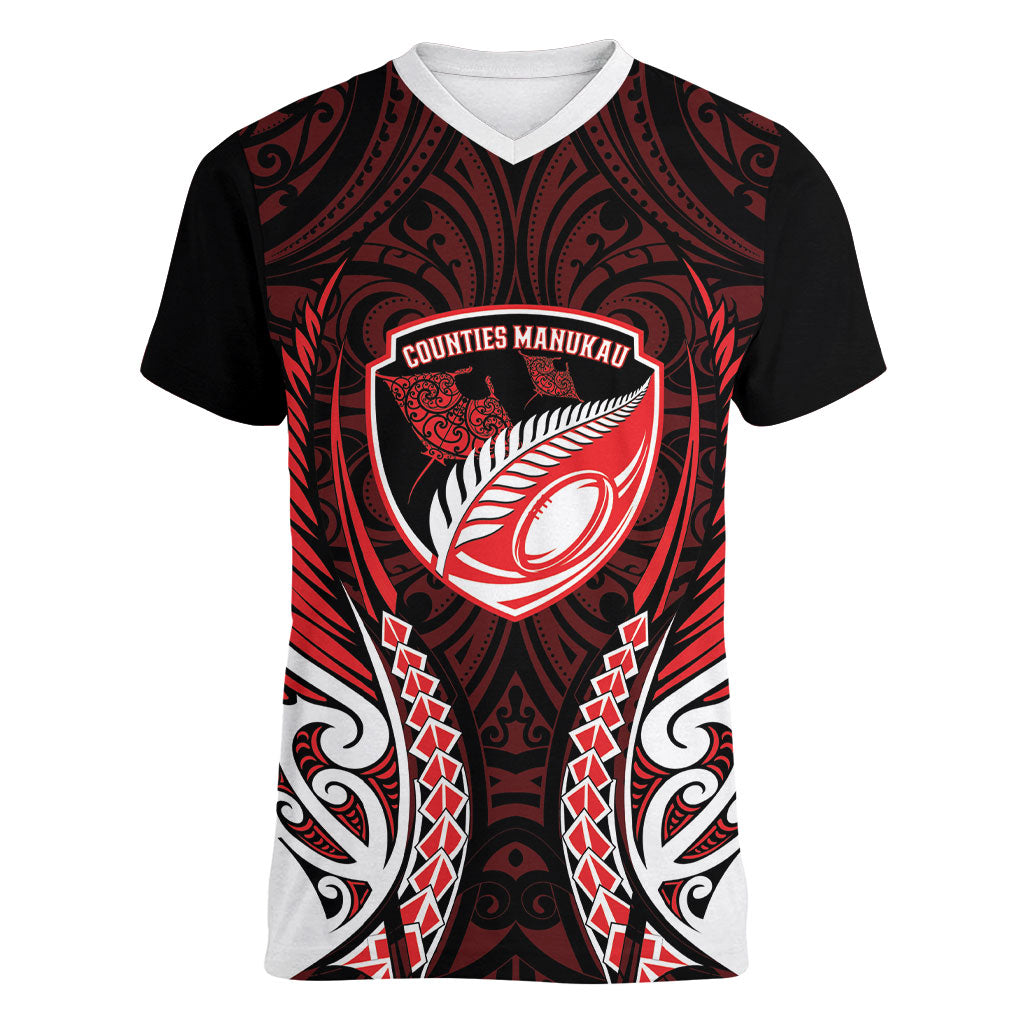 Counties Manukau 2026 Rugby Custom Women V-Neck T-Shirt NZ Maori Silver Fern