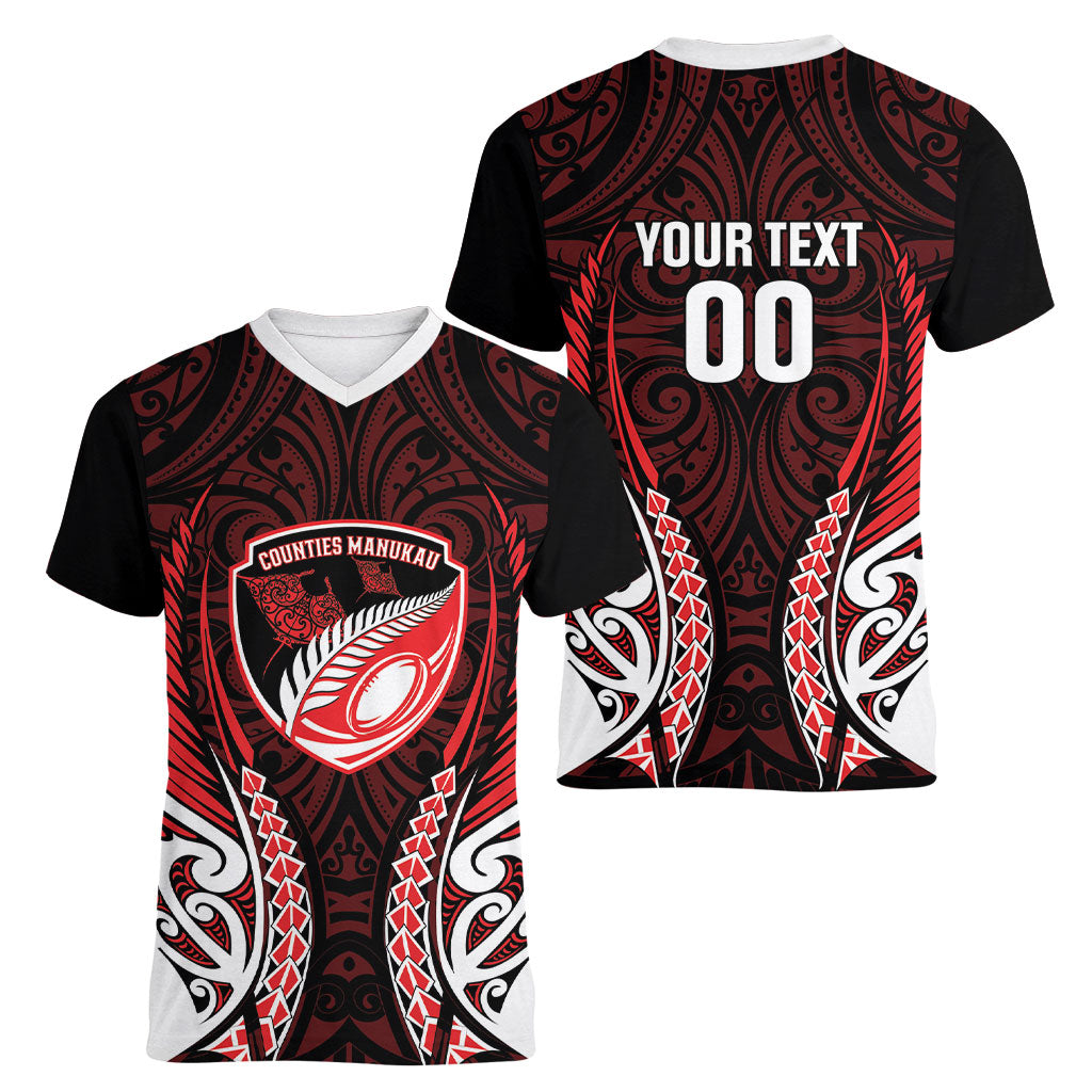 Counties Manukau 2026 Rugby Custom Women V-Neck T-Shirt NZ Maori Silver Fern
