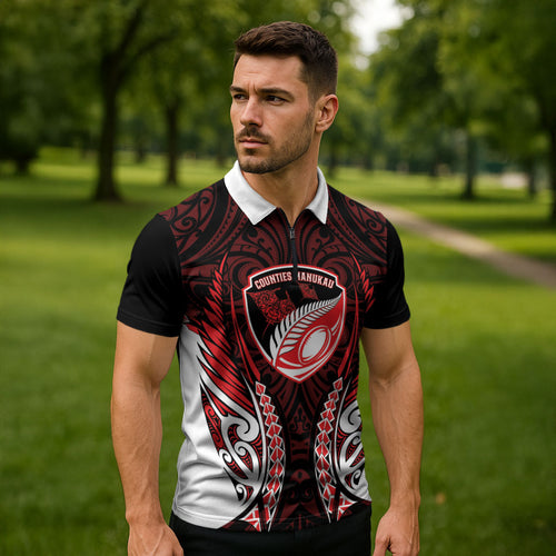 Counties Manukau 2026 Rugby Custom Zipper Polo Shirt NZ Maori Silver Fern