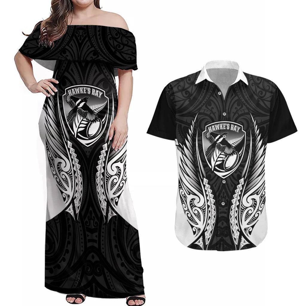 Hawke's Bay 2026 Rugby Custom Couples Matching Off Shoulder Maxi Dress and Hawaiian Shirt NZ Maori Silver Fern