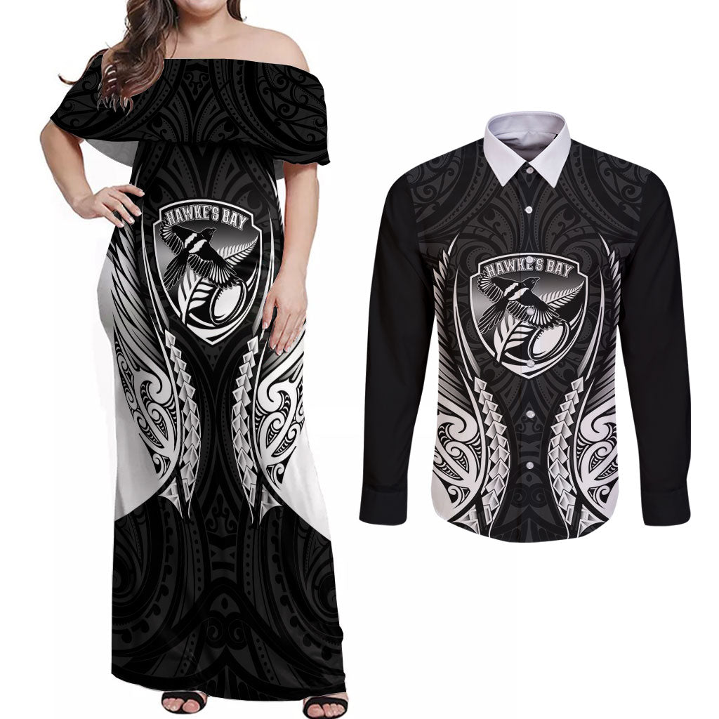 Hawke's Bay 2026 Rugby Custom Couples Matching Off Shoulder Maxi Dress and Long Sleeve Button Shirt NZ Maori Silver Fern