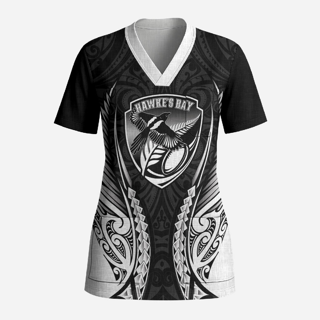 Hawke's Bay 2026 Rugby Custom Scrub Top NZ Maori Silver Fern
