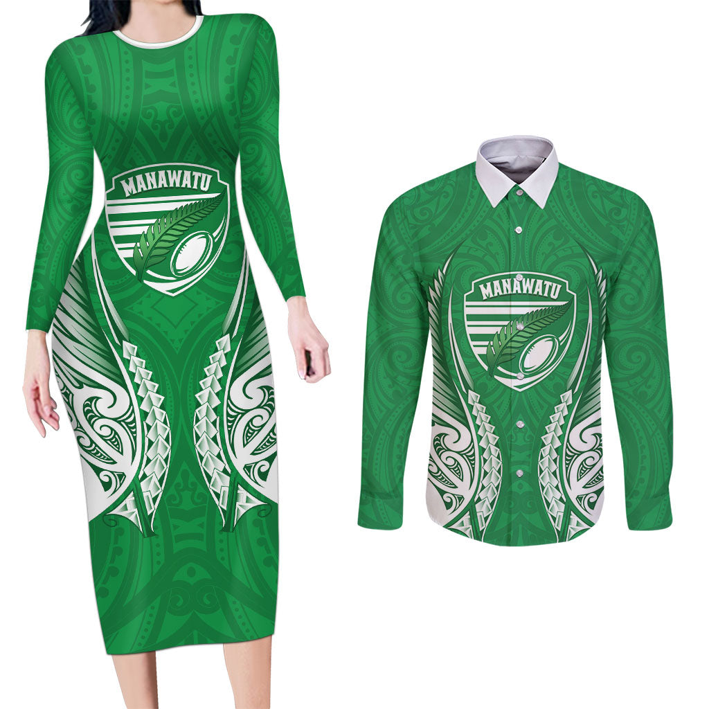 Manawatu 2026 Rugby Custom Couples Matching Long Sleeve Bodycon Dress and Long Sleeve Button Shirt NZ Maori Silver Fern