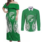 Manawatu 2026 Rugby Custom Couples Matching Off Shoulder Maxi Dress and Long Sleeve Button Shirt NZ Maori Silver Fern