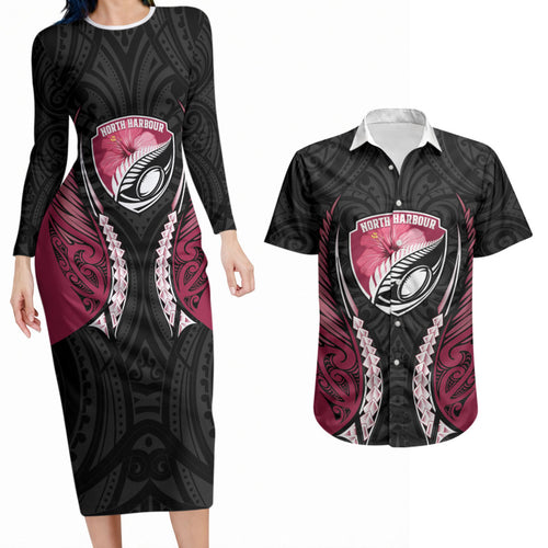 North Harbour 2026 Rugby Custom Couples Matching Long Sleeve Bodycon Dress and Hawaiian Shirt NZ Maori Silver Fern