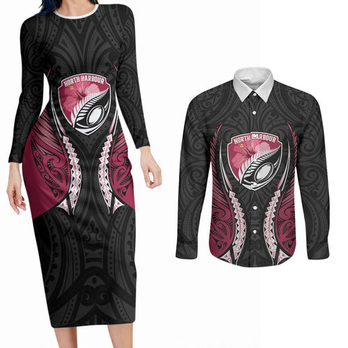 North Harbour 2026 Rugby Custom Couples Matching Long Sleeve Bodycon Dress and Long Sleeve Button Shirt NZ Maori Silver Fern