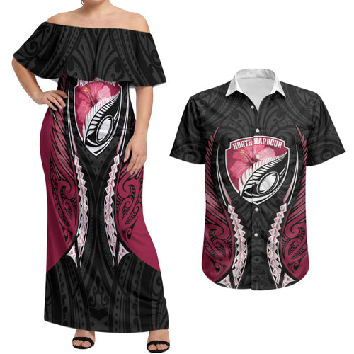 North Harbour 2026 Rugby Custom Couples Matching Off Shoulder Maxi Dress and Hawaiian Shirt NZ Maori Silver Fern