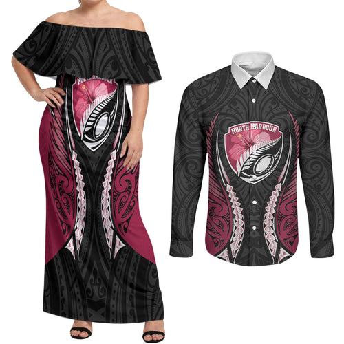 North Harbour 2026 Rugby Custom Couples Matching Off Shoulder Maxi Dress and Long Sleeve Button Shirt NZ Maori Silver Fern