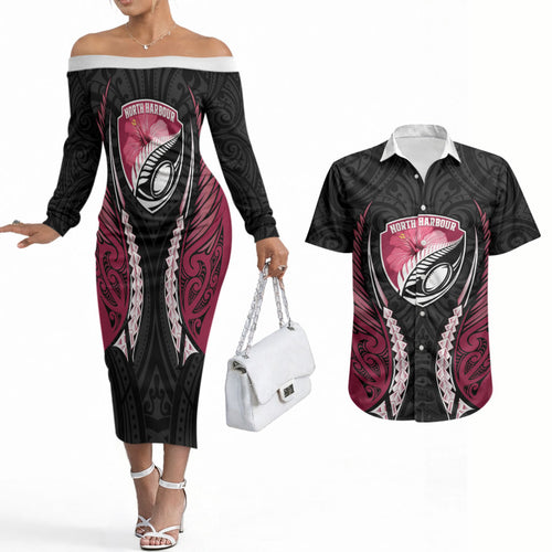 North Harbour 2026 Rugby Custom Couples Matching Off The Shoulder Long Sleeve Dress and Hawaiian Shirt NZ Maori Silver Fern