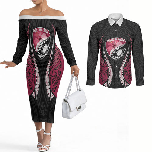North Harbour 2026 Rugby Custom Couples Matching Off The Shoulder Long Sleeve Dress and Long Sleeve Button Shirt NZ Maori Silver Fern