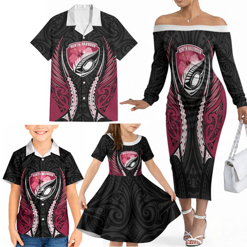 North Harbour 2026 Rugby Custom Family Matching Off The Shoulder Long Sleeve Dress and Hawaiian Shirt NZ Maori Silver Fern